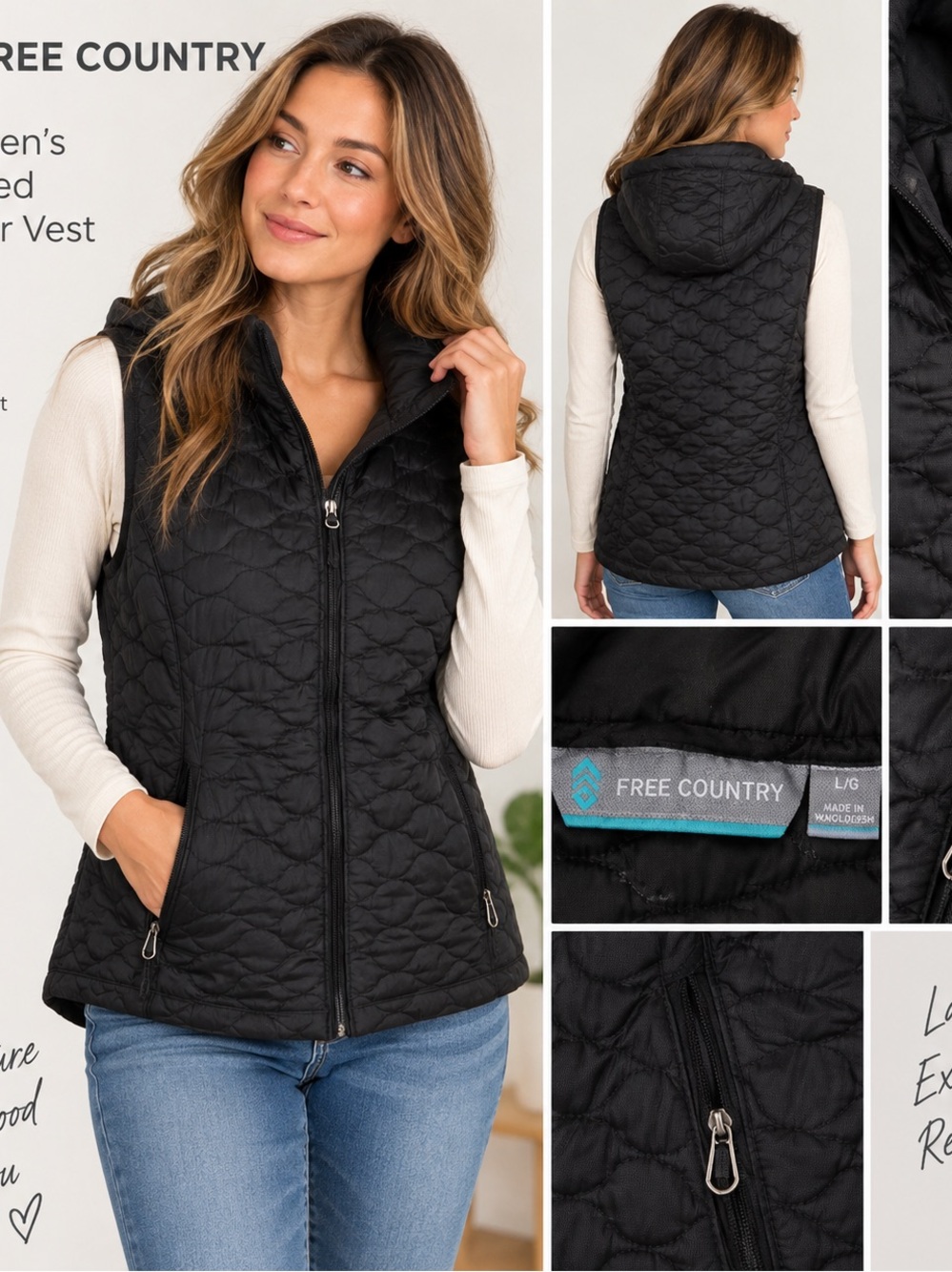 Free Country Black Quilted Hooded Vest Large